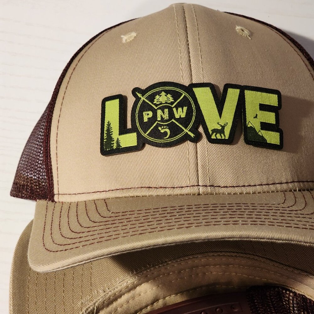 LOVE PNW Patched Khaki/Maroon Mesh Snapback Trucker Hat